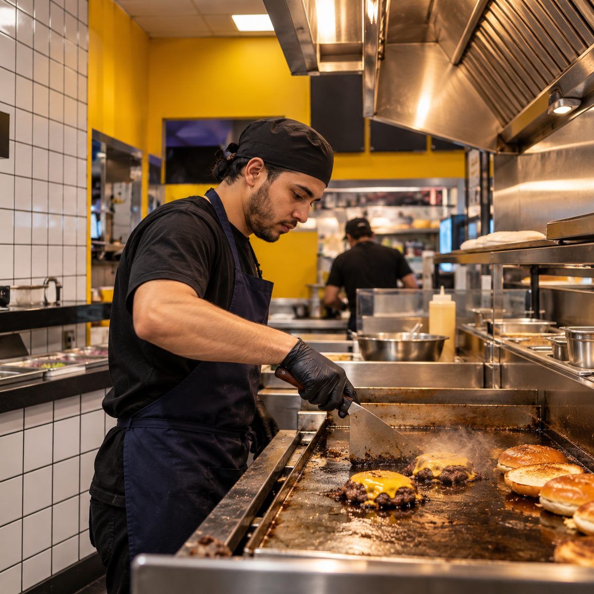 Bunchies chef smashing burgers on the flat-top grill